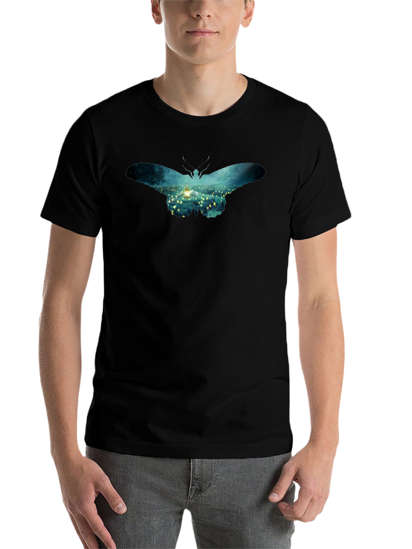 Butterfly Lantern Print Black T-Shirt