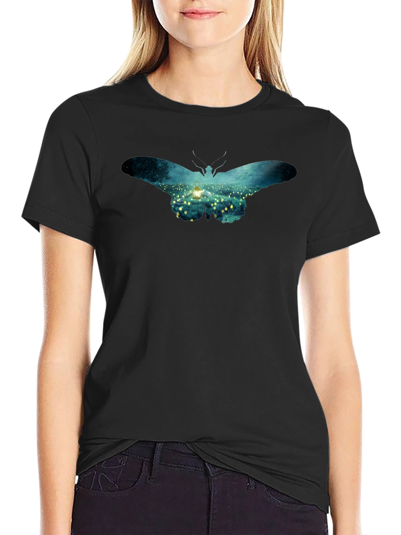 Butterfly Lantern Print Black T-Shirt