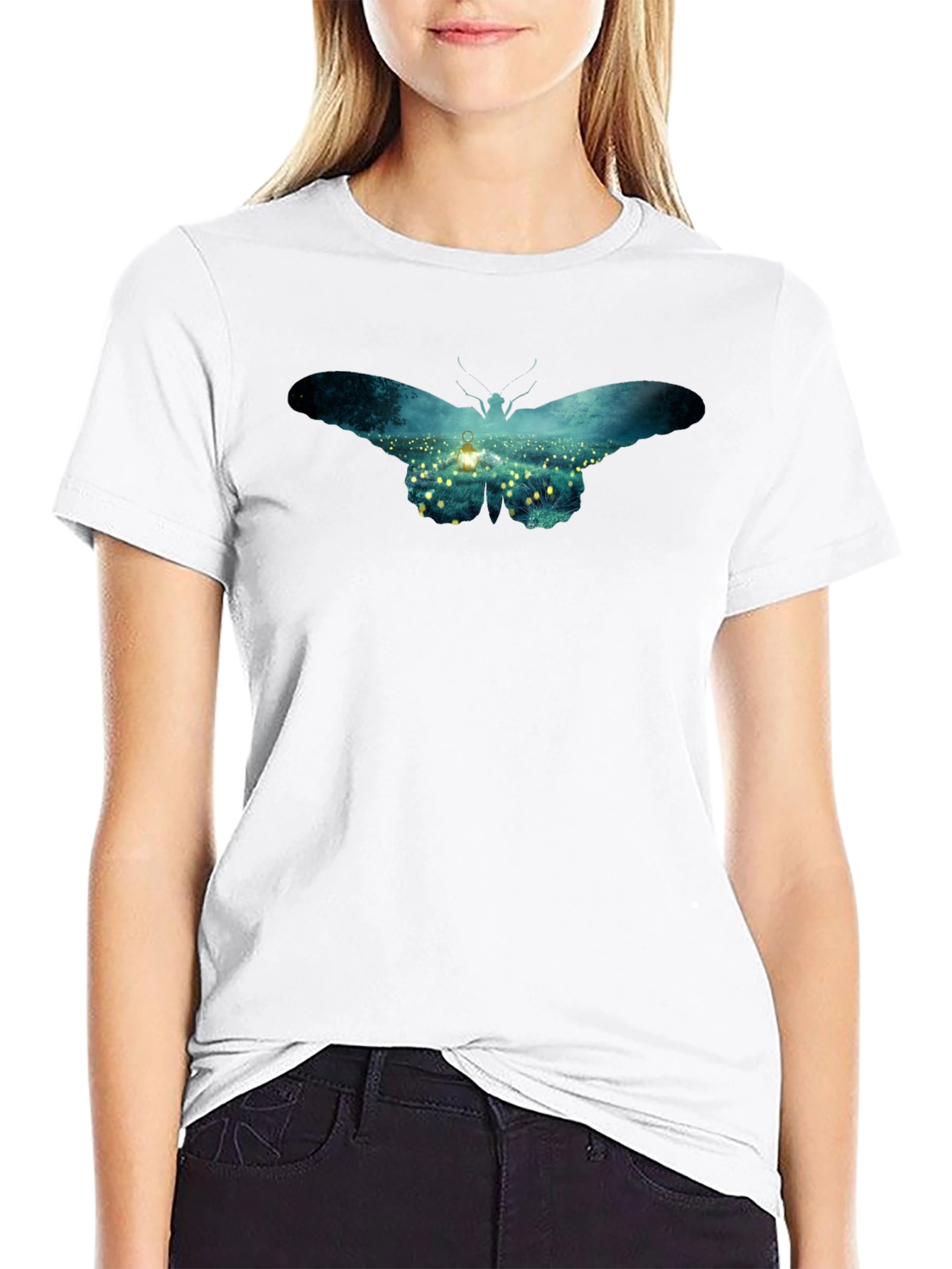 Butterfly Lantern Print Black T-Shirt