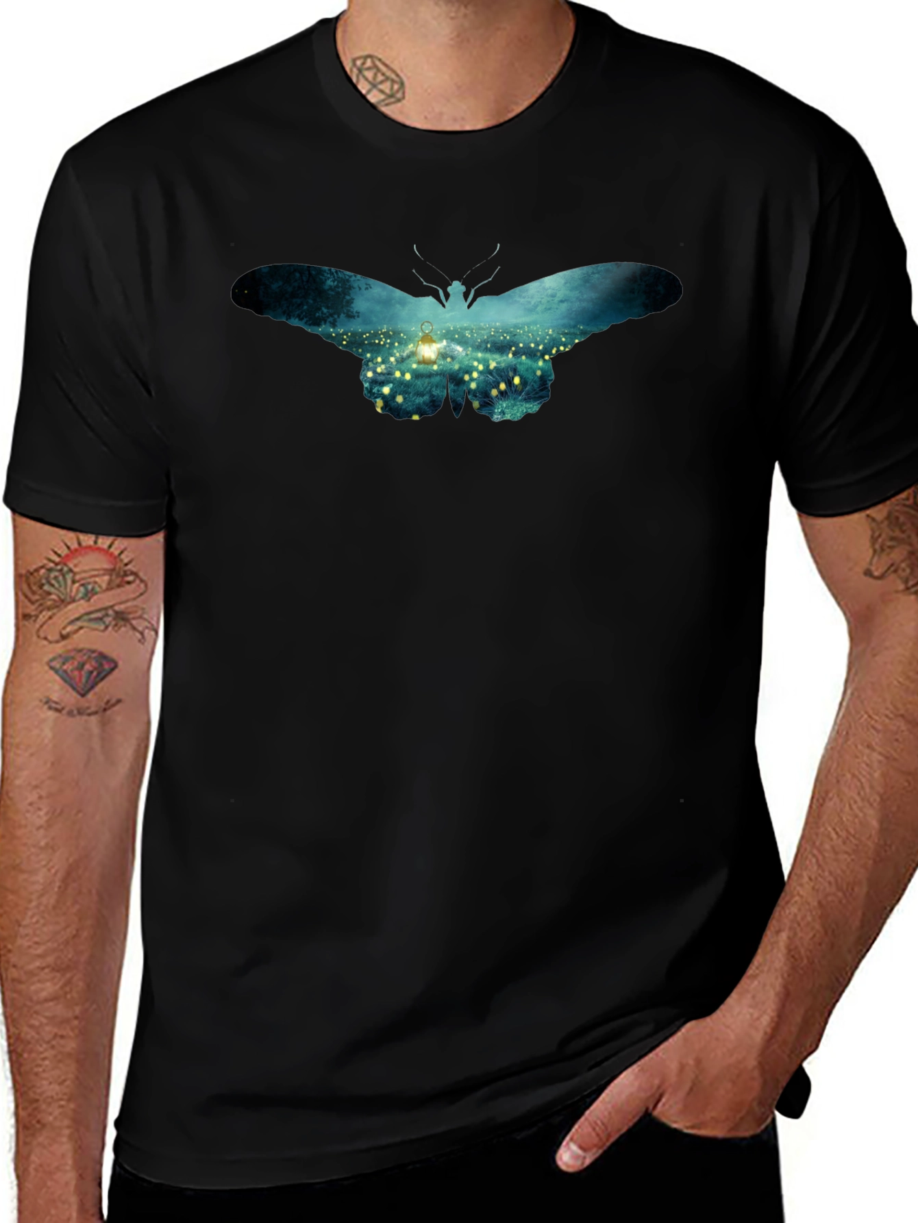 Butterfly Lantern Print Black T-Shirt