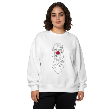 Belle Holding Red Rose Line?Art White Base Crewneck Sweatshirt