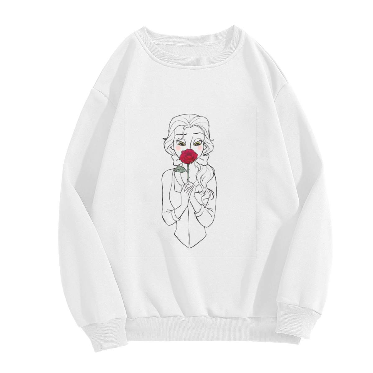 Belle Holding Red Rose Line?Art White Base Crewneck Sweatshirt