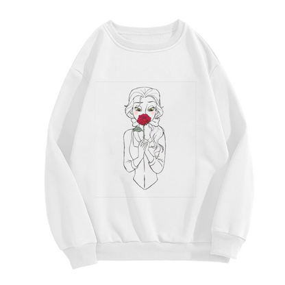 Belle Holding Red Rose Line?Art White Base Crewneck Sweatshirt