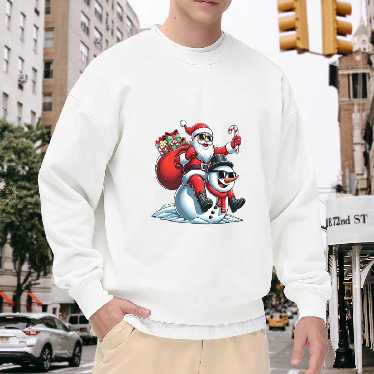 Cool Santa Riding Snowman Christmas Crewneck Sweatshirt