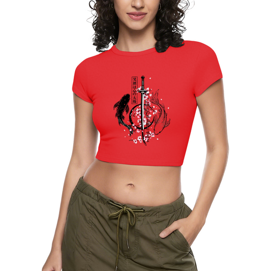 Japanese Koi Sword Cherry Blossom Vintage Red Crop Tee