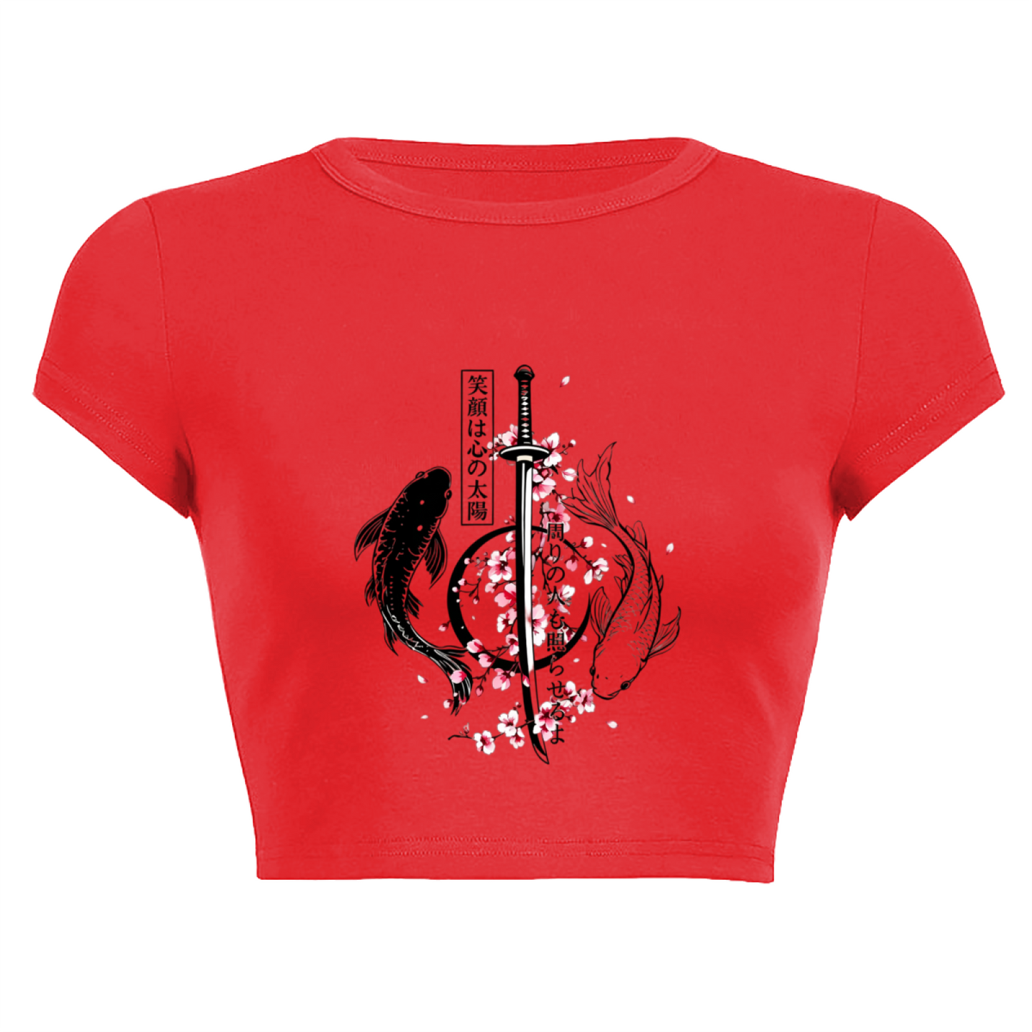 Japanese Koi Sword Cherry Blossom Vintage Red Crop Tee