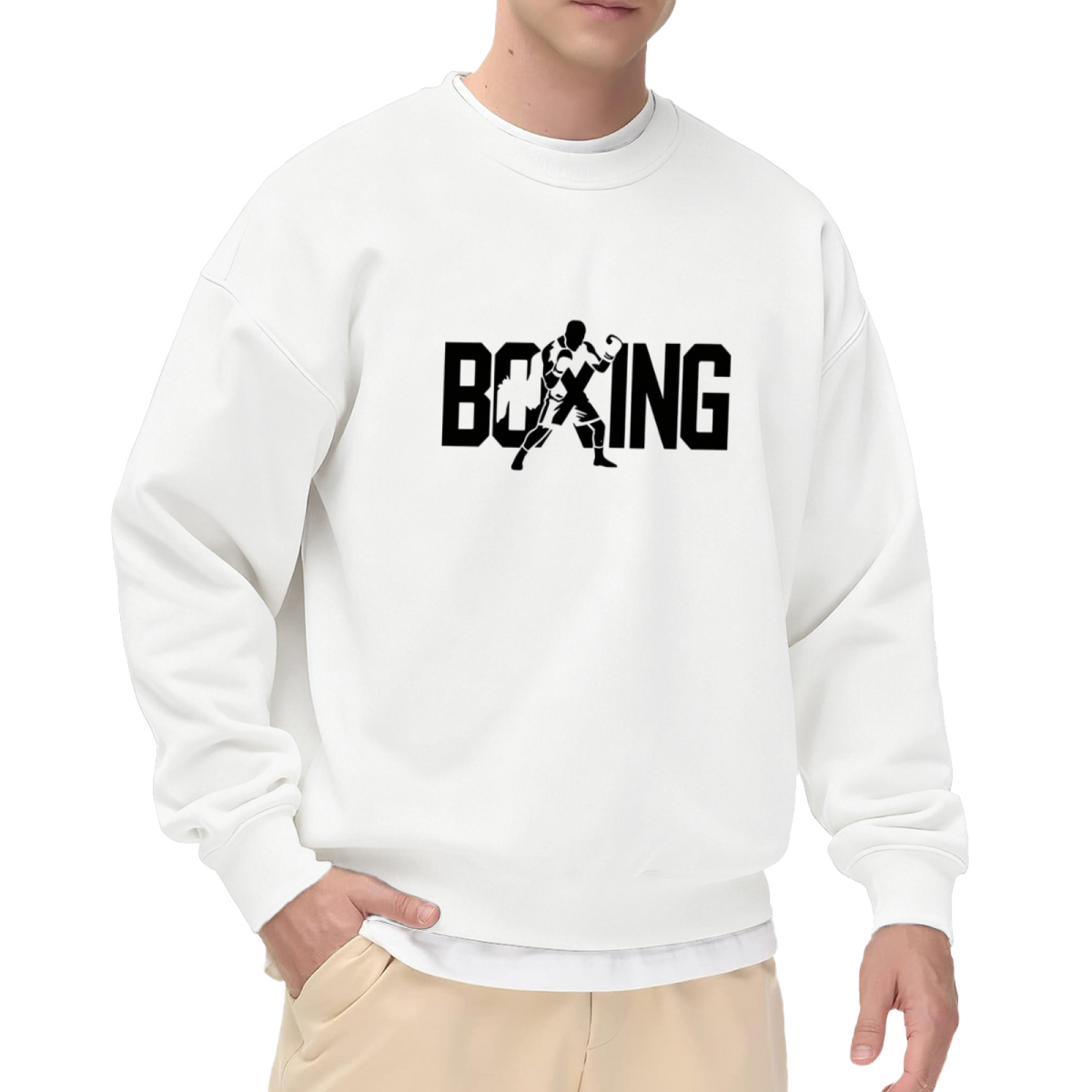 Boxing Fighter Silhouette Bold Letter White Crewneck Athletic Sweatshirt