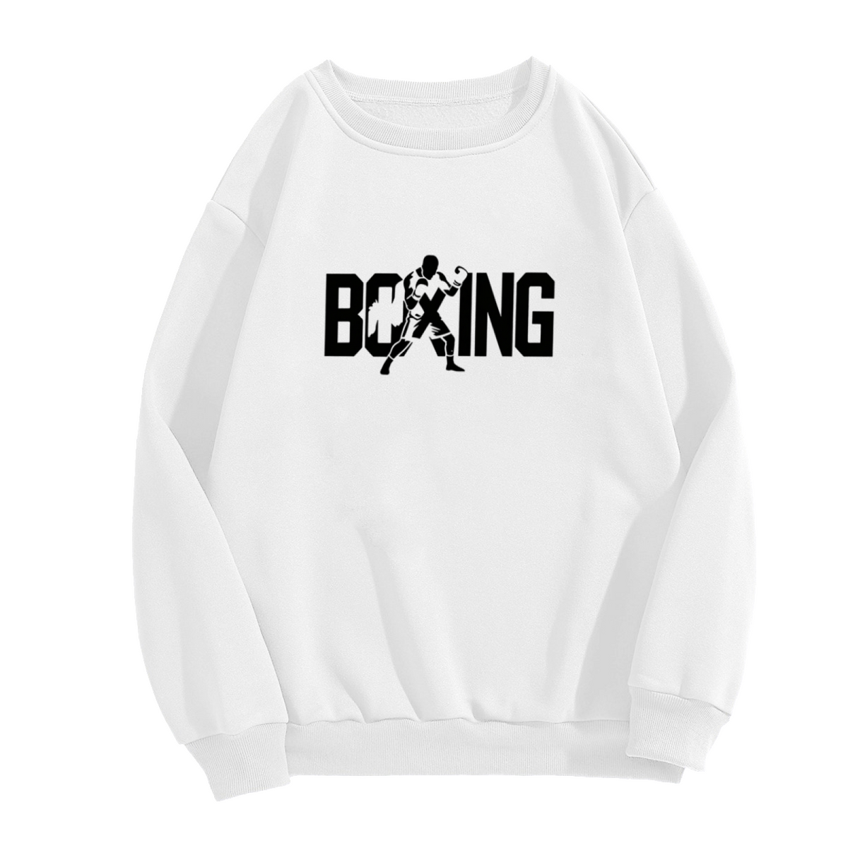 Boxing Fighter Silhouette Bold Letter White Crewneck Athletic Sweatshirt