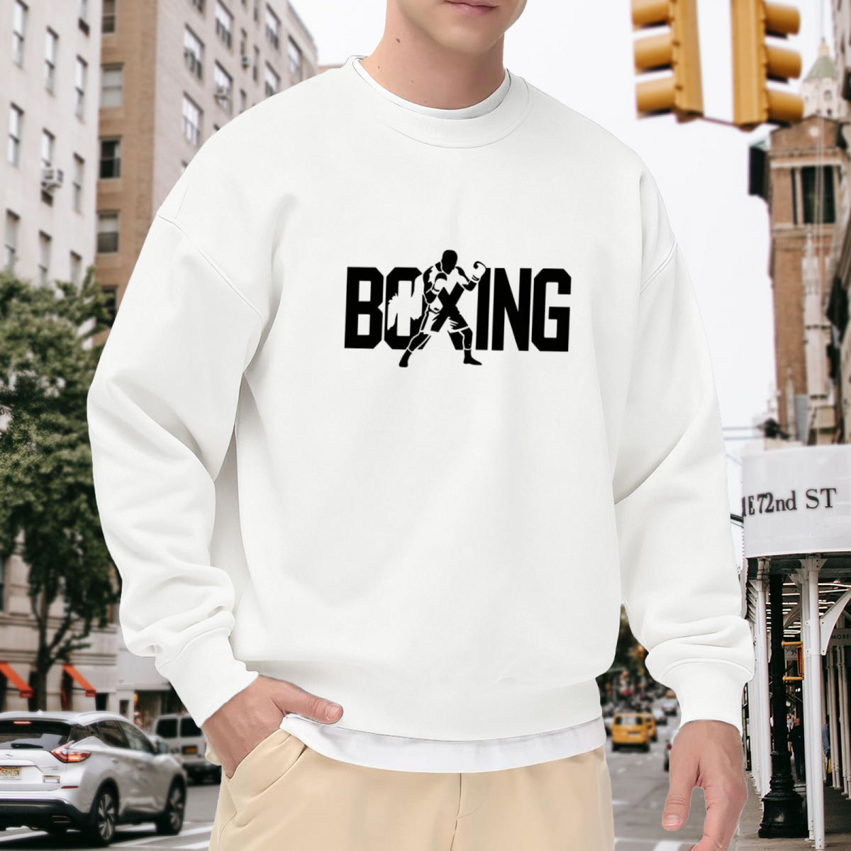 Boxing Fighter Silhouette Bold Letter White Crewneck Athletic Sweatshirt