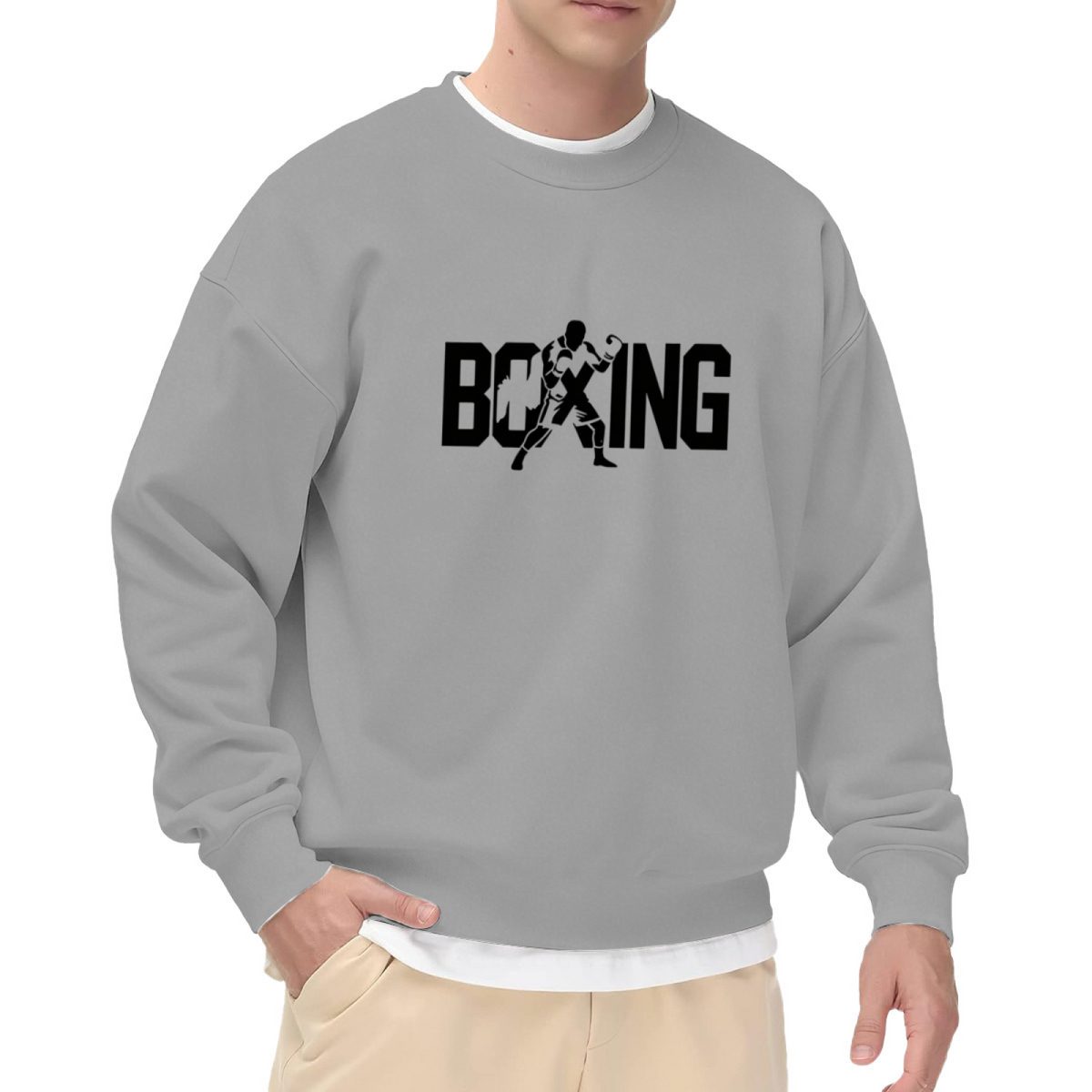Boxing Fighter Silhouette Bold Letter White Crewneck Athletic Sweatshirt