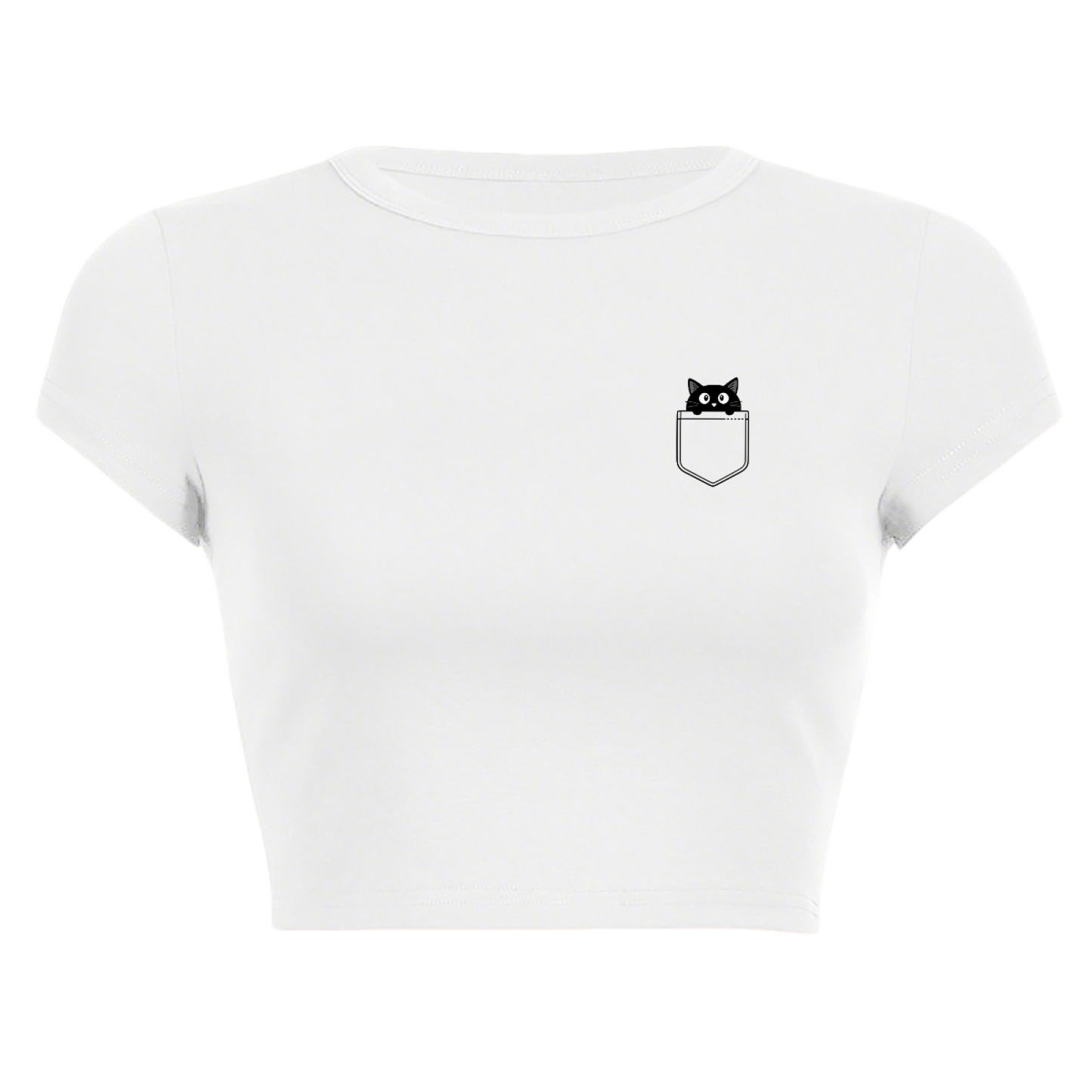 Tiny Pocket Peeking Cat Minimal White Cute Crop Top