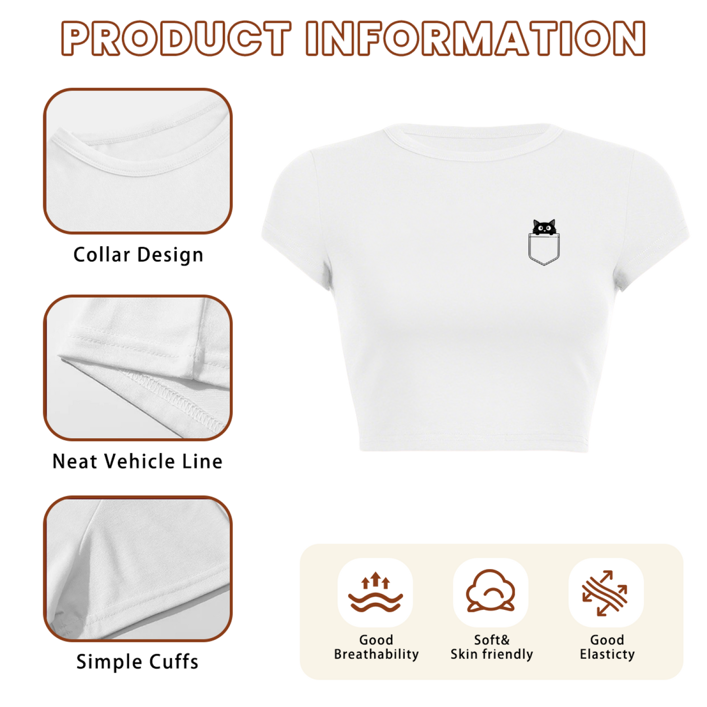 Tiny Pocket Peeking Cat Minimal White Cute Crop Top