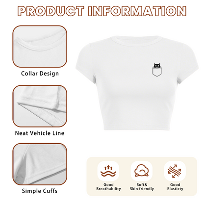Tiny Pocket Peeking Cat Minimal White Cute Crop Top