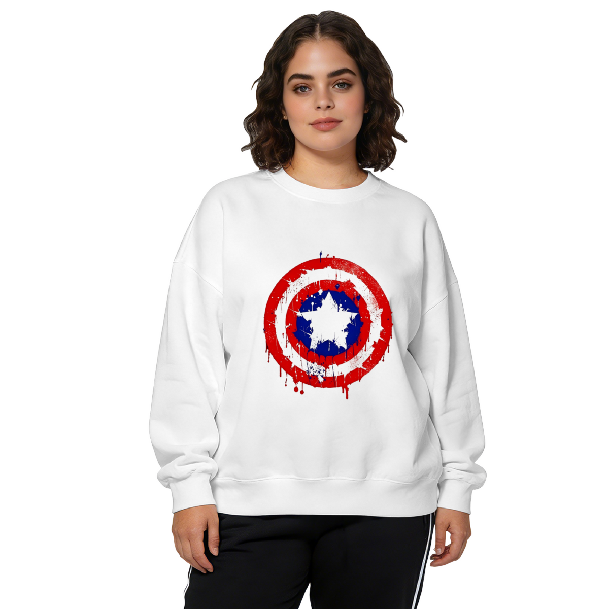 Distressed Super Hero Shield Vintage Graphic Crewneck Sweatshirt