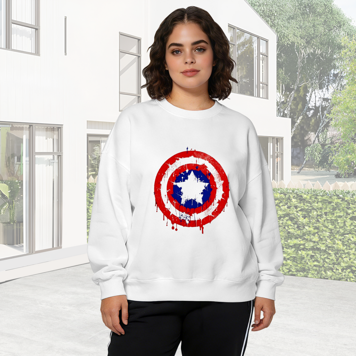 Distressed Super Hero Shield Vintage Graphic Crewneck Sweatshirt