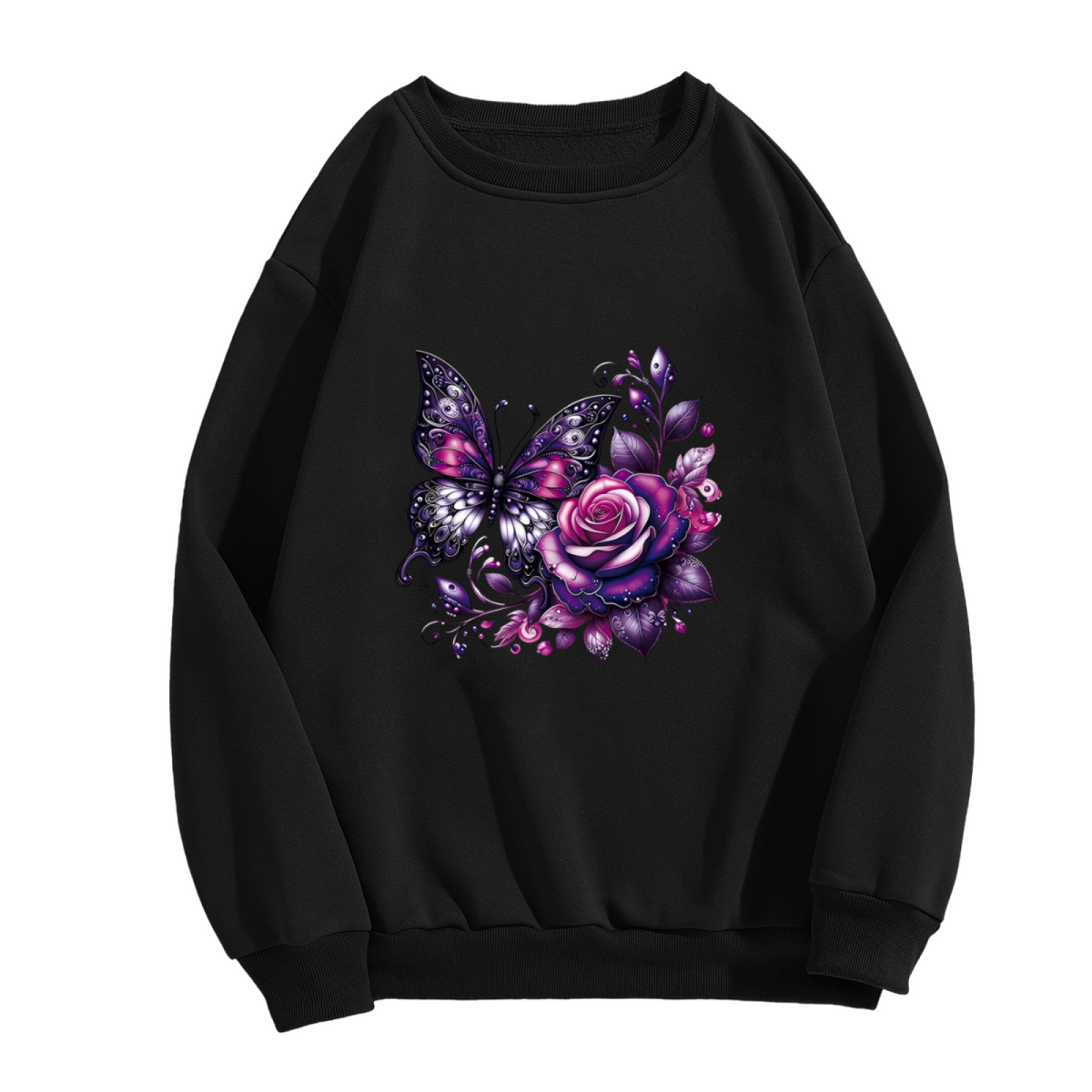 Dark Fantasy Purple Butterfly & Rose Art Crewneck Sweatshirt