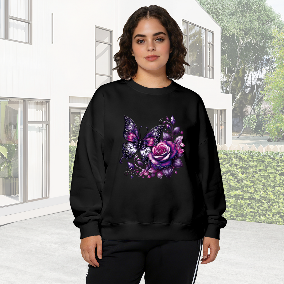 Dark Fantasy Purple Butterfly & Rose Art Crewneck Sweatshirt