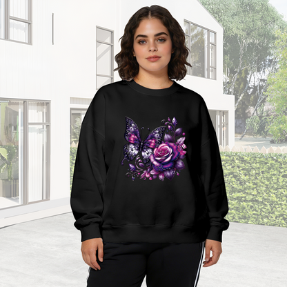 Dark Fantasy Purple Butterfly & Rose Art Crewneck Sweatshirt