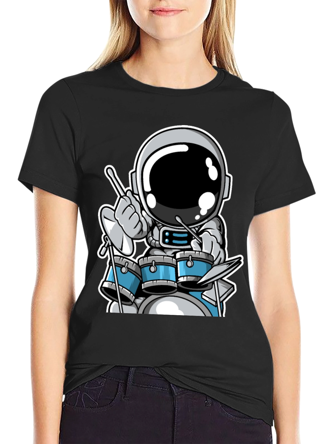 Astronaut Drummer Black T-Shirt - Space Musician Tee