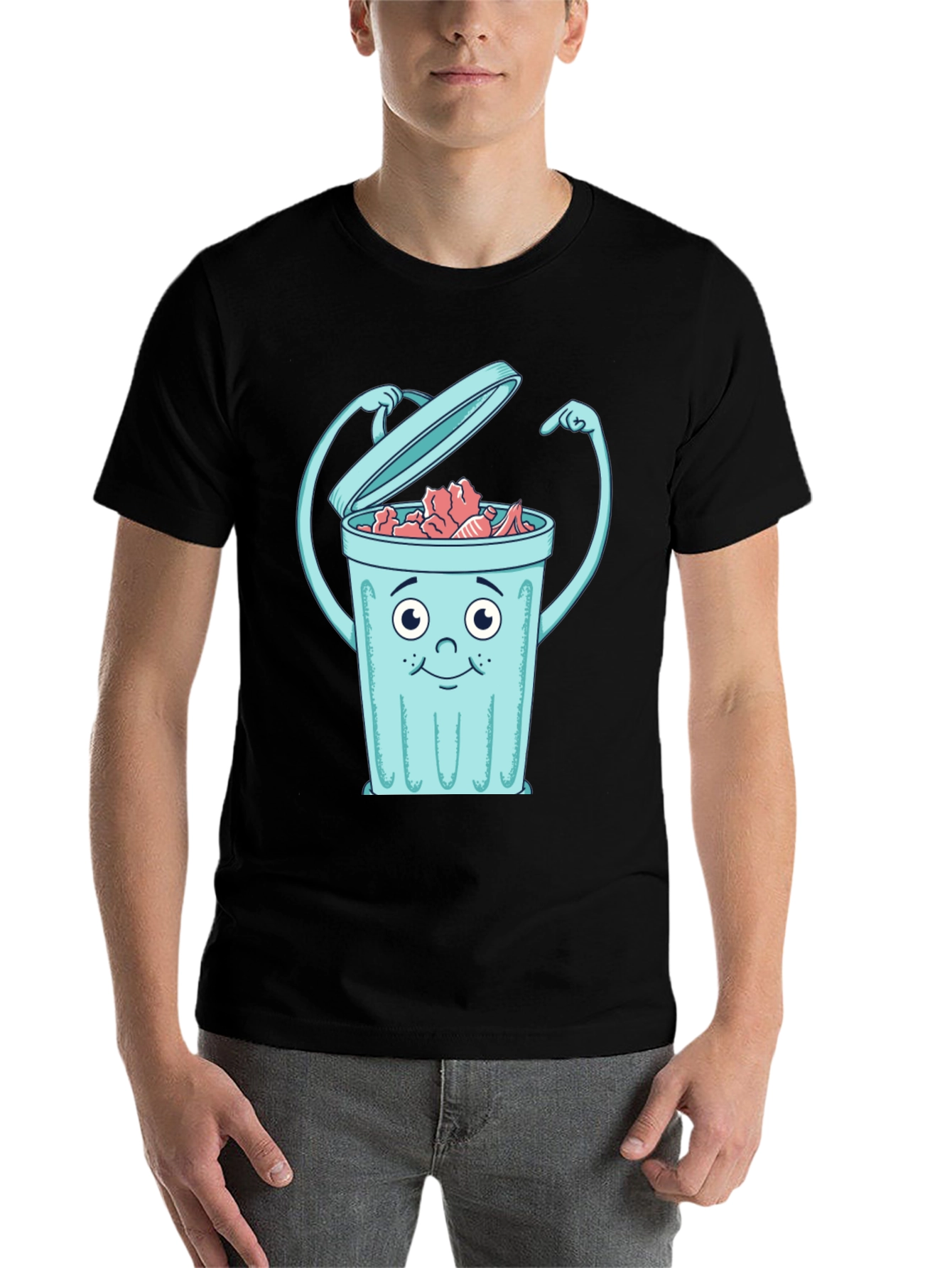 Cartoon Trash Can Graphic Tee - Black