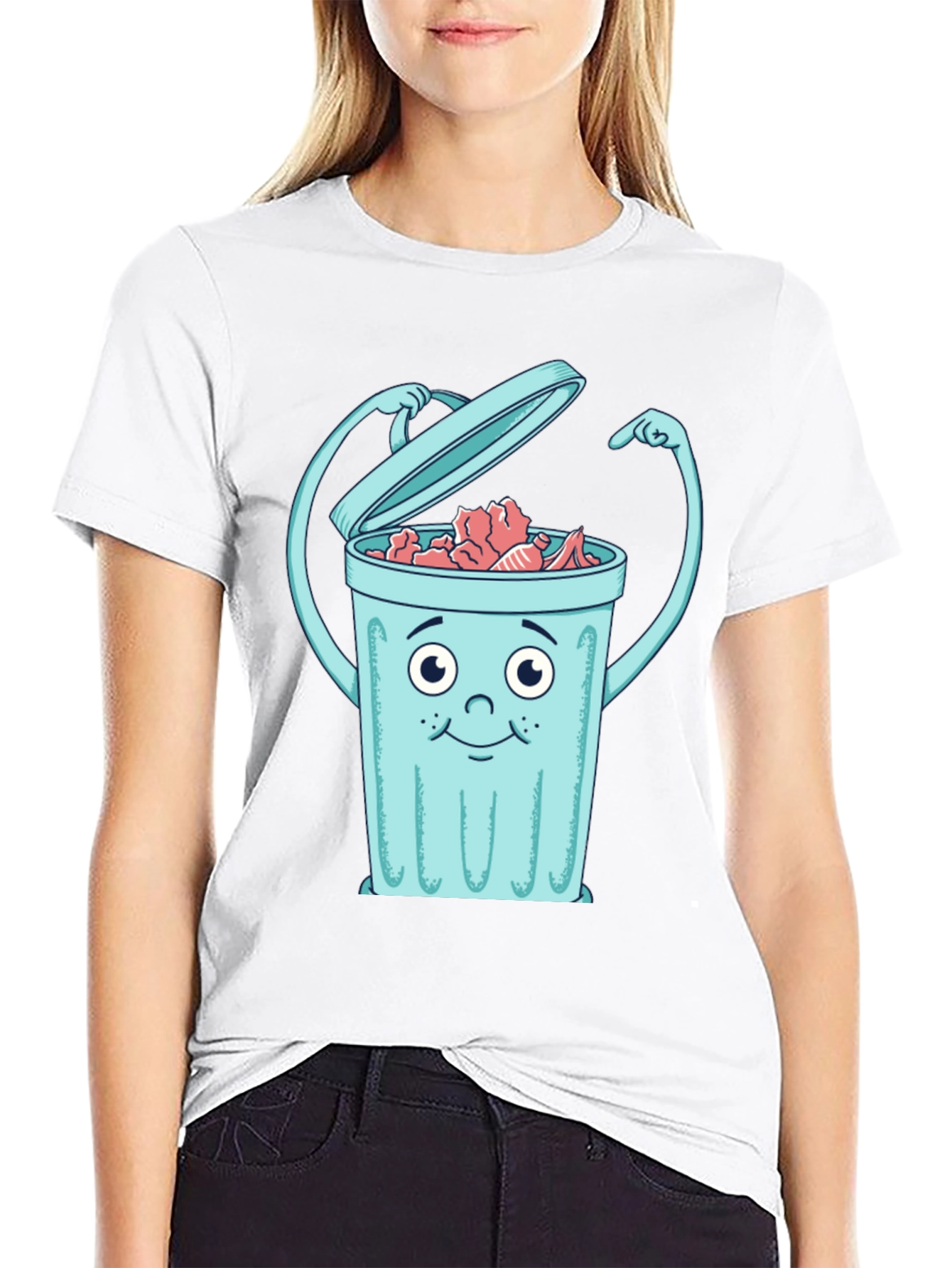Cartoon Trash Can Graphic Tee - Black