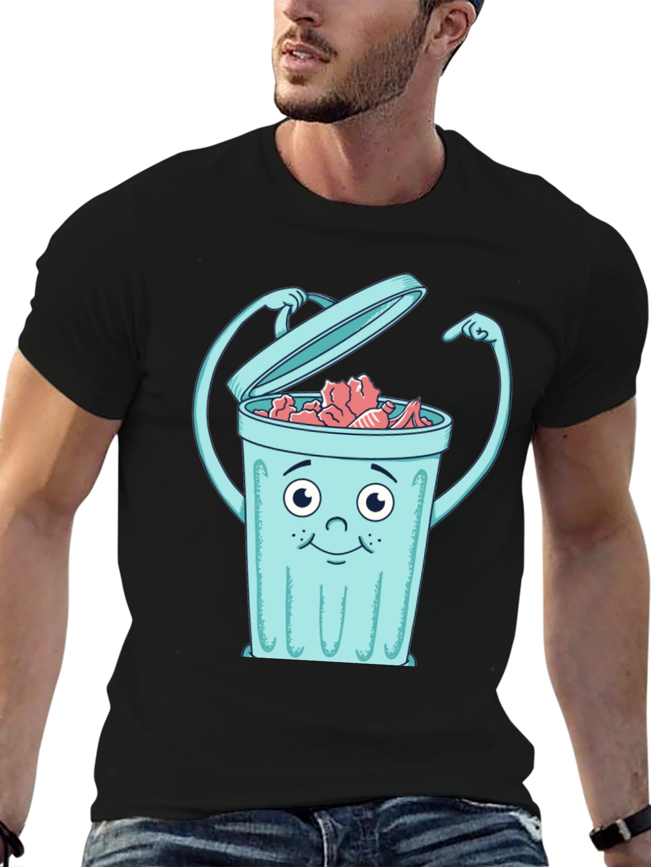 Cartoon Trash Can Graphic Tee - Black