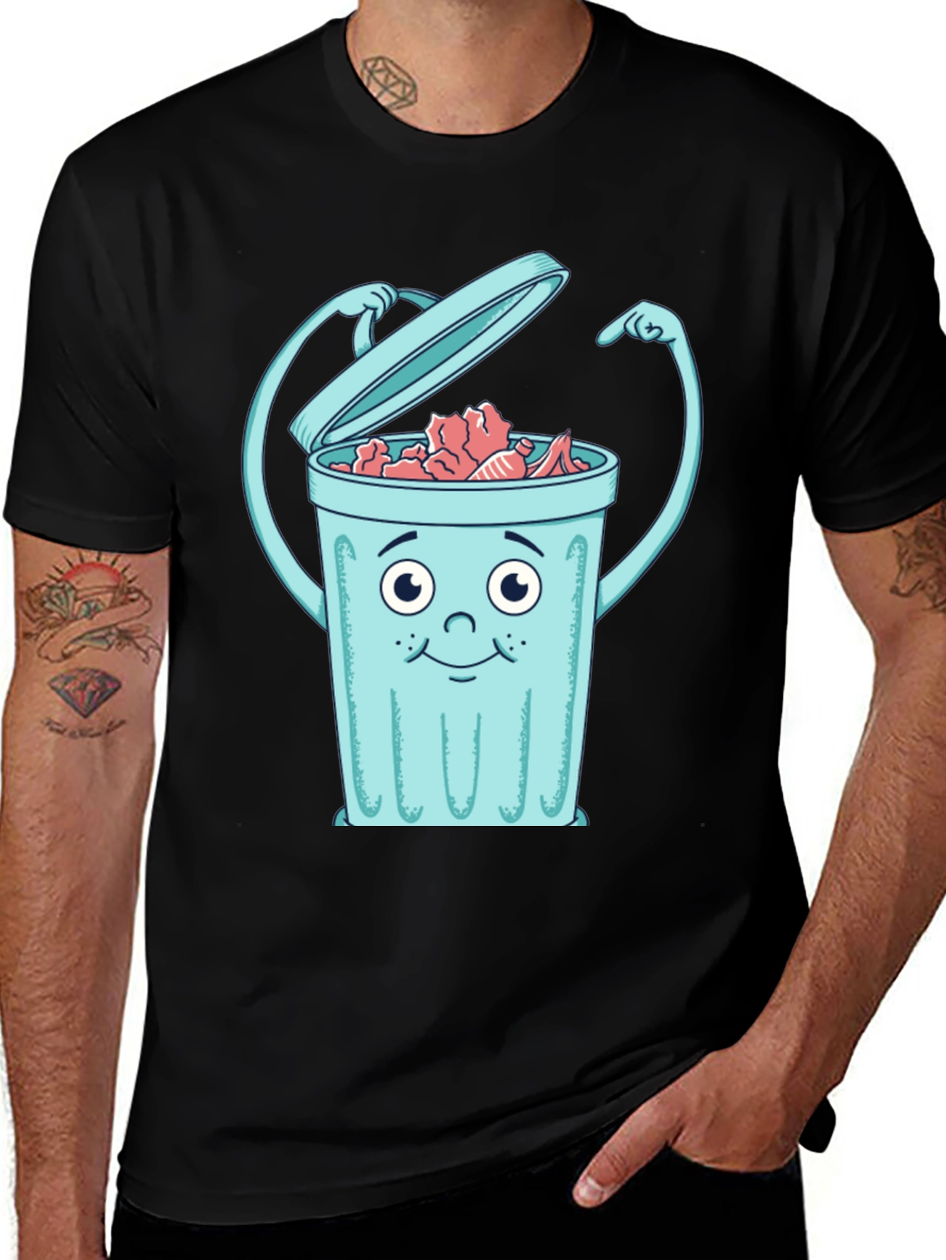 Cartoon Trash Can Graphic Tee - Black
