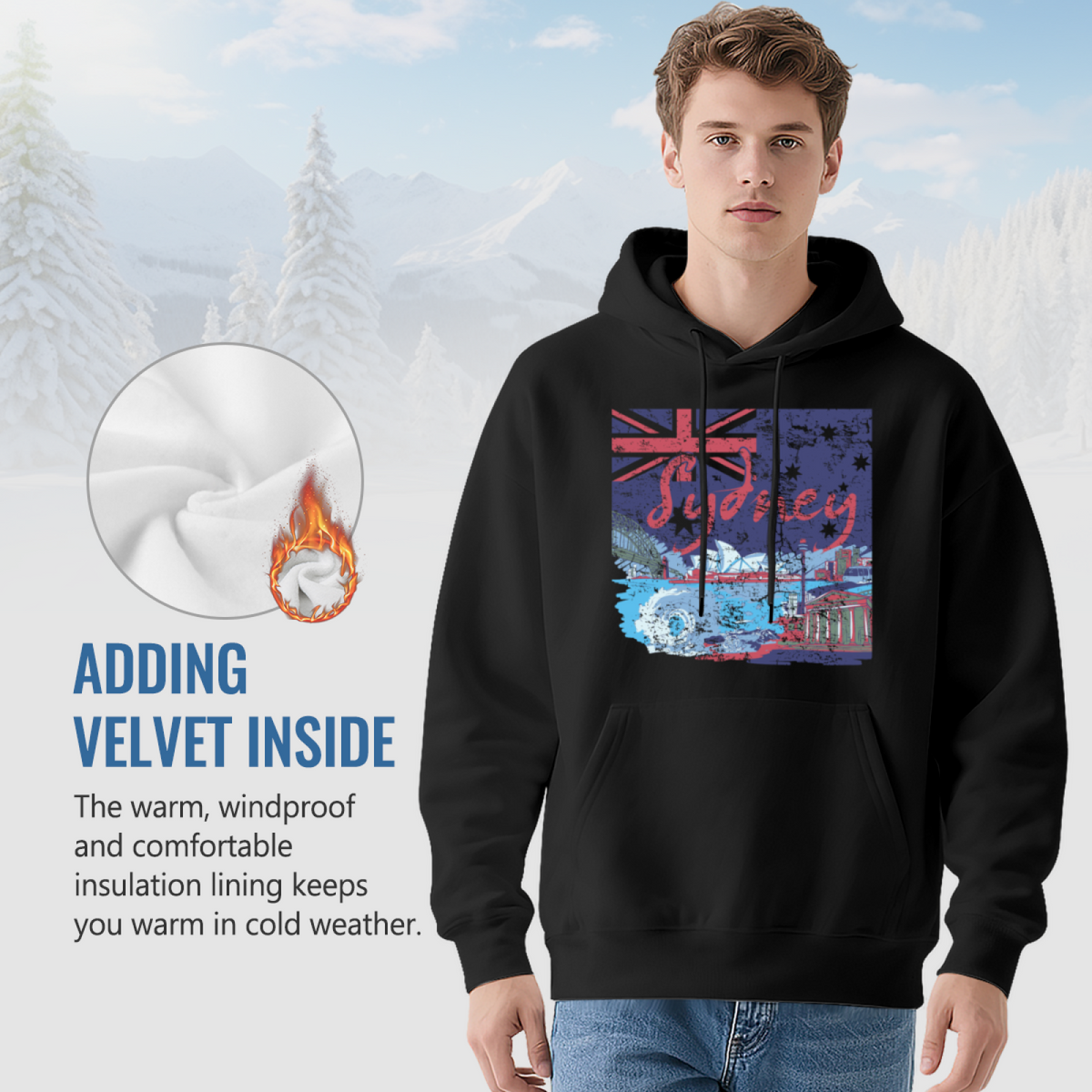 Vintage Sydney Australia Landscape Print Men Hoodie, Warm Cozy Style