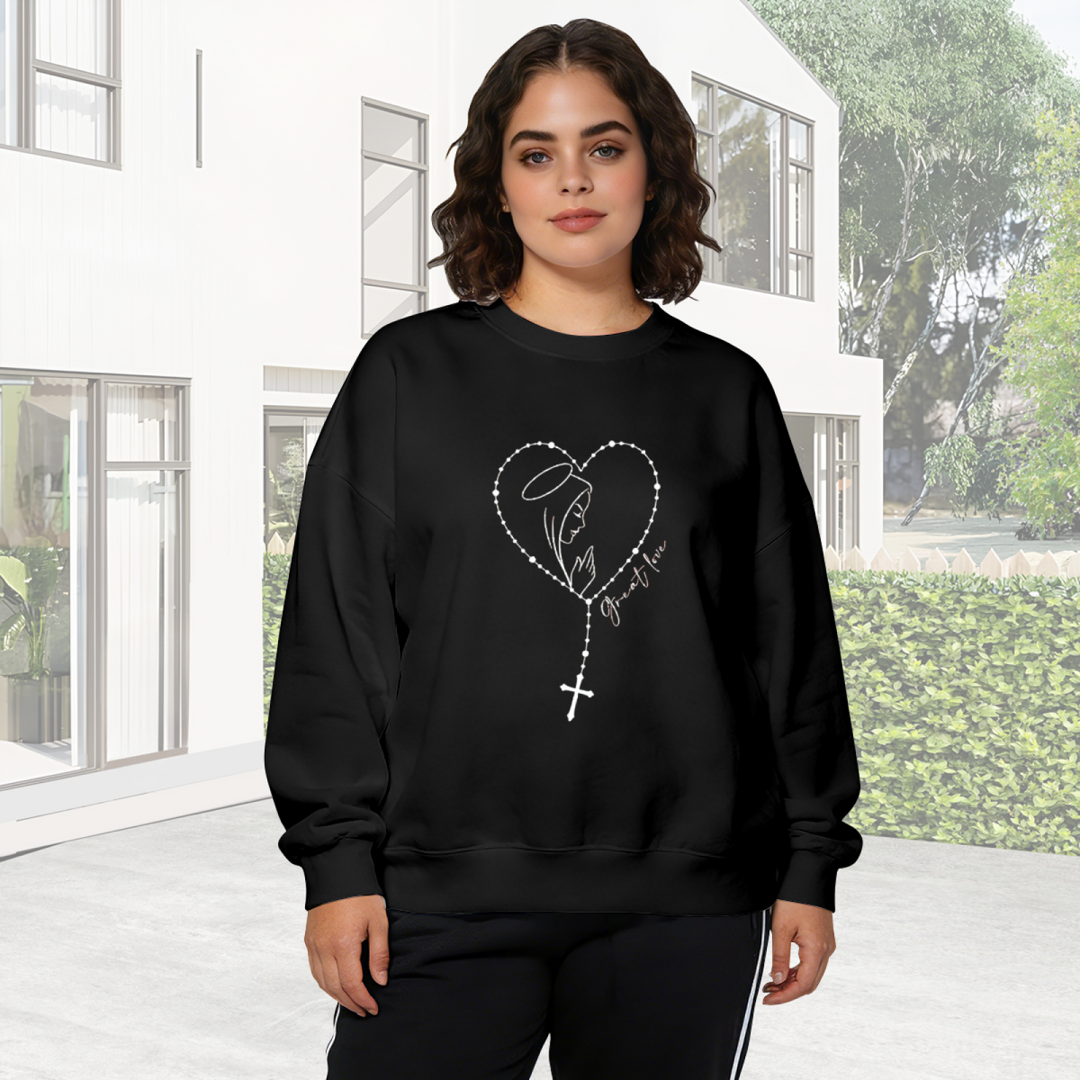Sacred Heart Rosary Virgin Mary Graphic Black Crewneck Sweatshirt