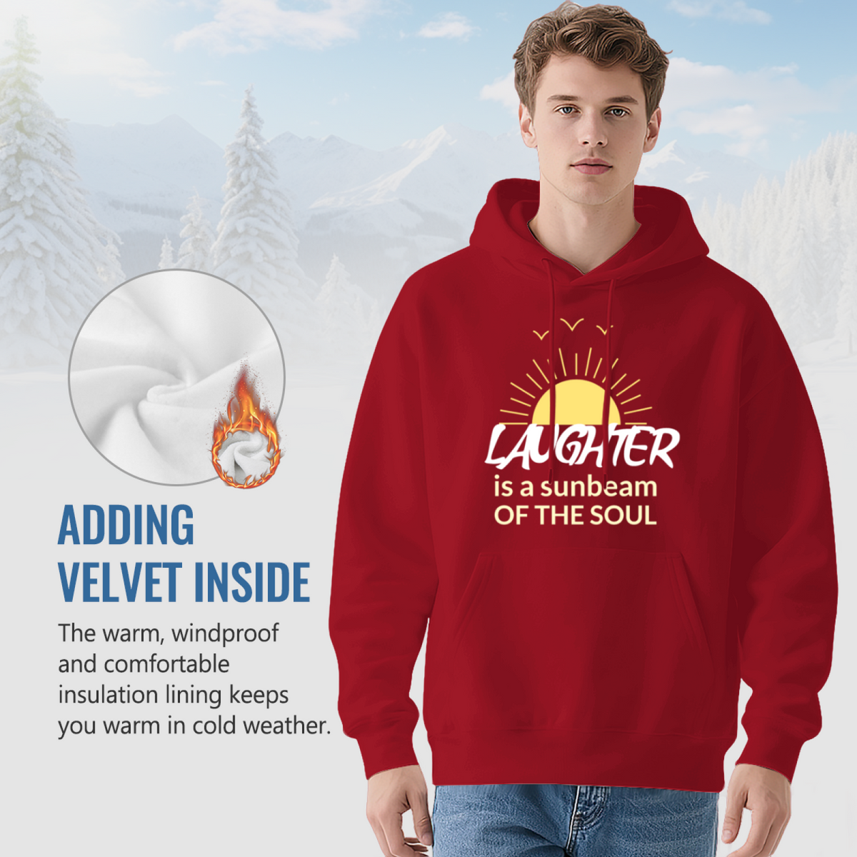 Laughter Is A Sunbeam Of The Soul Sun Graphic Hoodie, Warm Comfort Red Sweatshirt