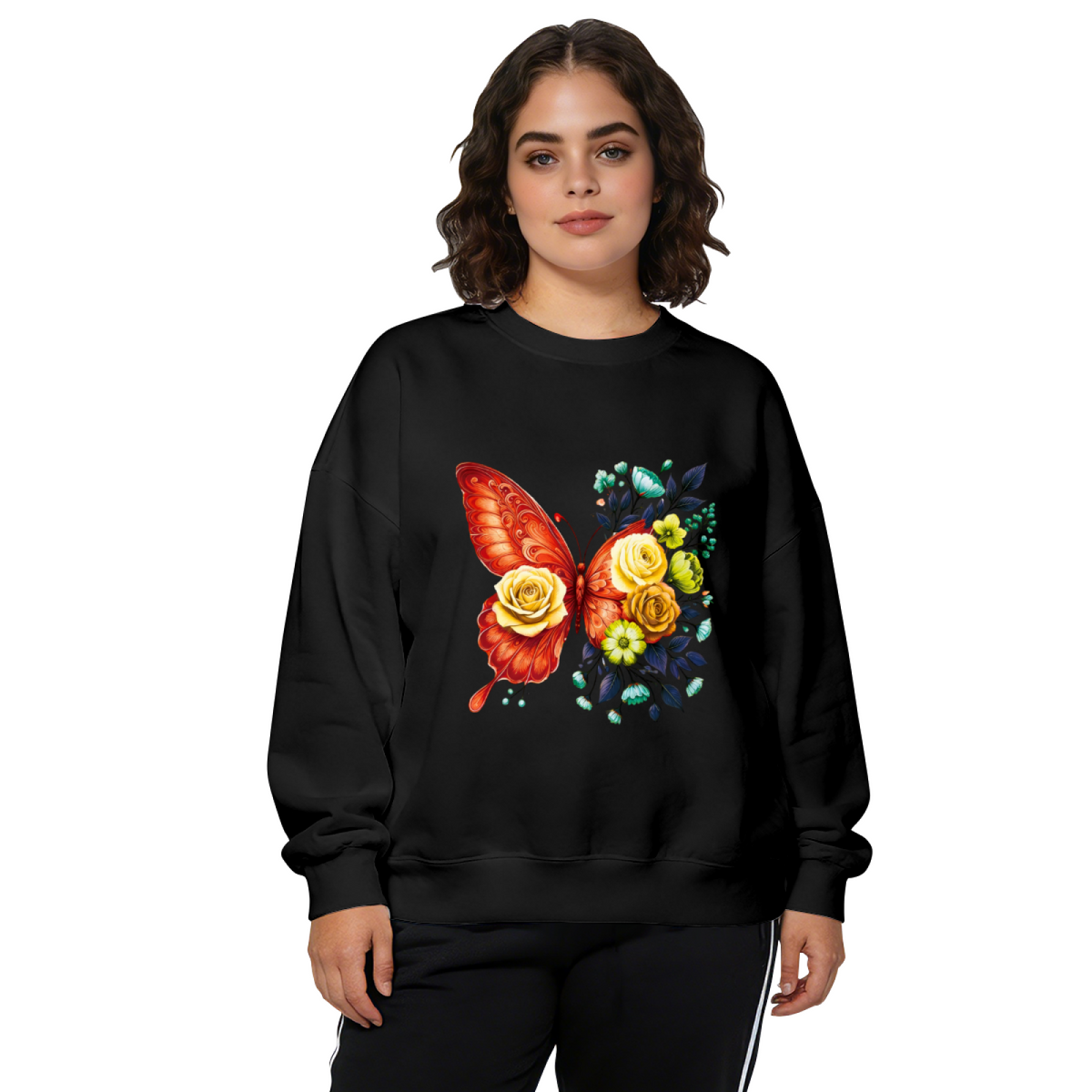 Vibrant Red Butterfly & Yellow Roses Art Crewneck Sweatshirt