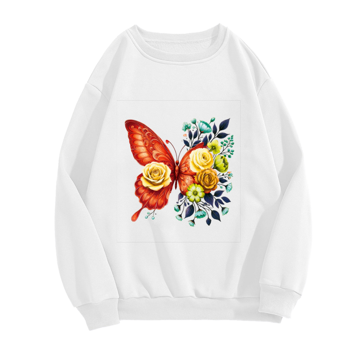 Vibrant Red Butterfly & Yellow Roses Art Crewneck Sweatshirt