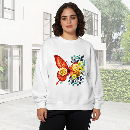 Vibrant Red Butterfly & Yellow Roses Art Crewneck Sweatshirt