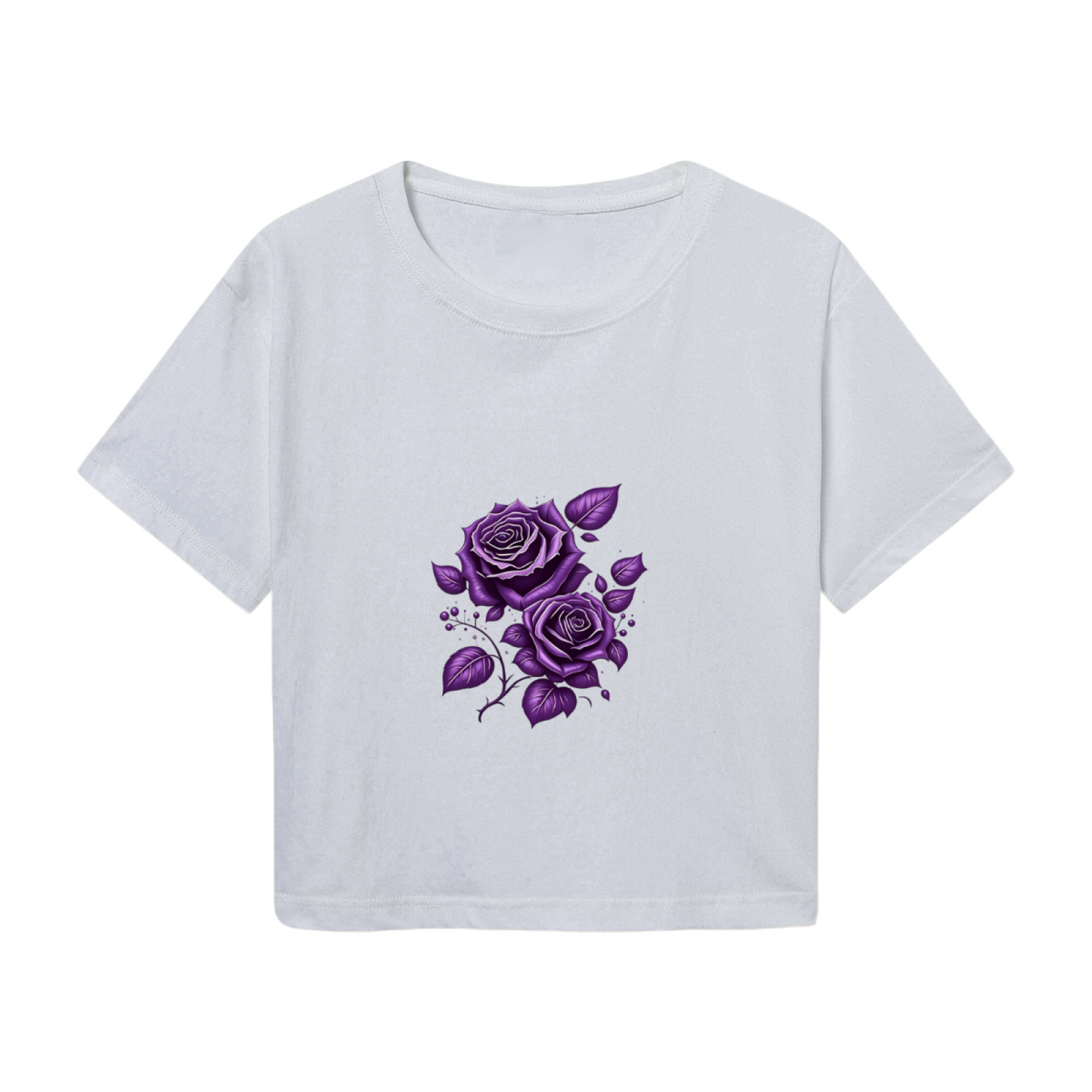 Soft Gray Cropped Tee With Watercolor Purple Rose Floral Print