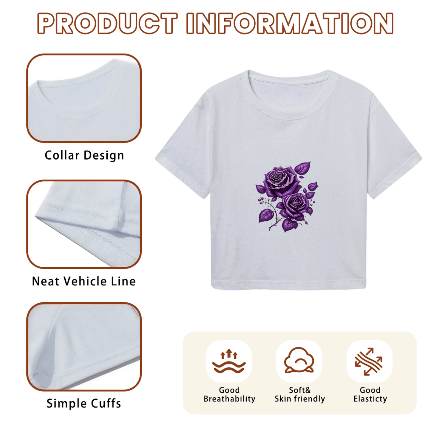 Soft Gray Cropped Tee With Watercolor Purple Rose Floral Print