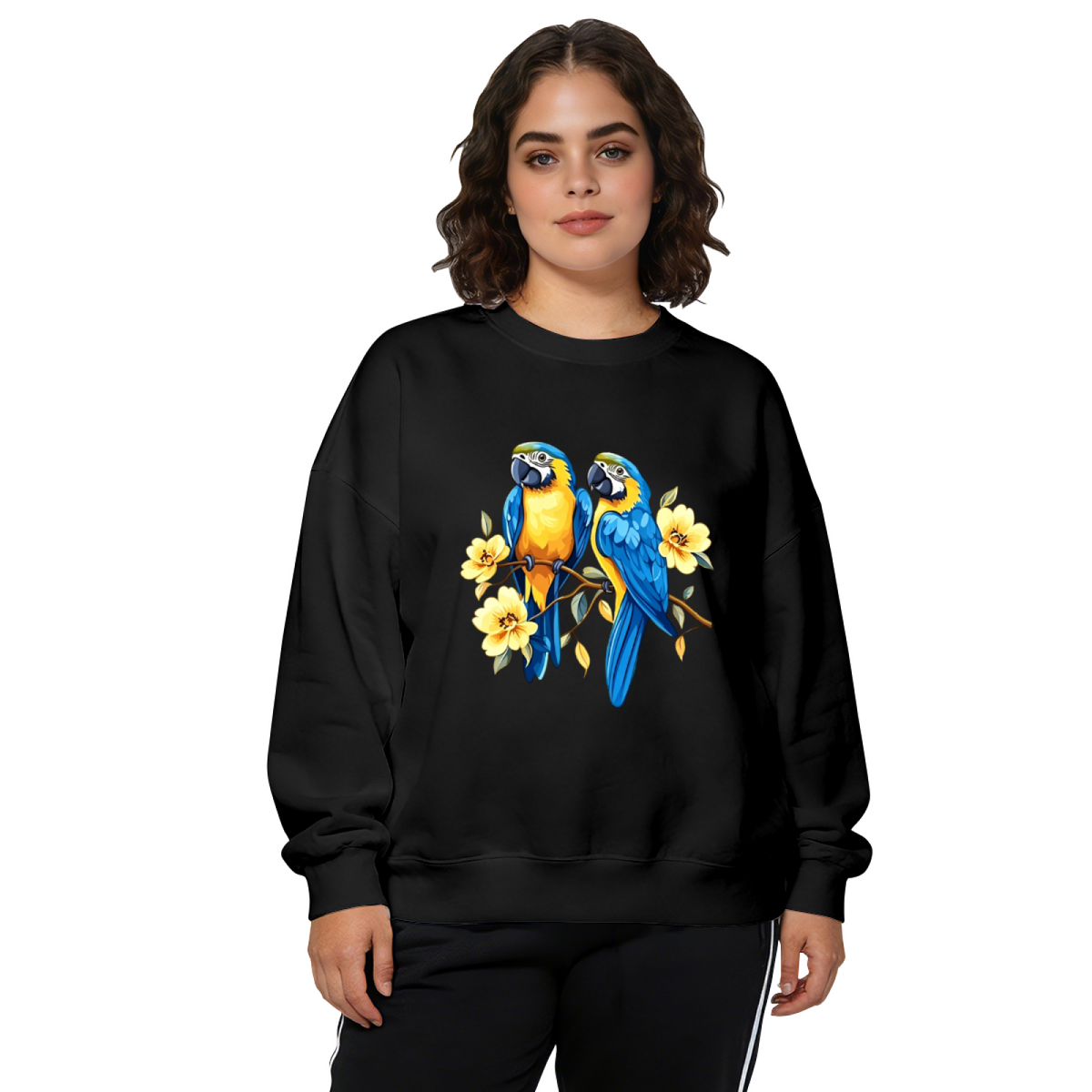Cute Blue?Yellow Macaw Parrot With Yellow Flowers Crewneck Sweatshirt