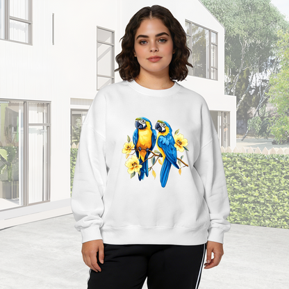 Cute Blue?Yellow Macaw Parrot With Yellow Flowers Crewneck Sweatshirt