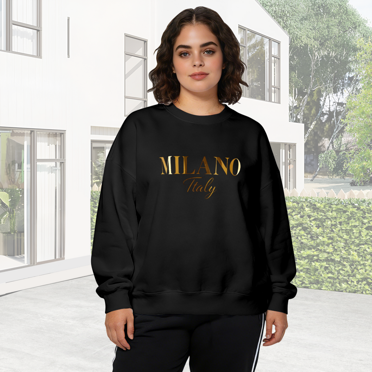 Luxury Gold Milano Italy Letter Graphic Crewneck Sweatshirt