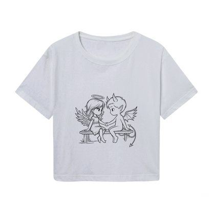 Angel & Devil Sweet Contrast Sketch Graphic Crop Top