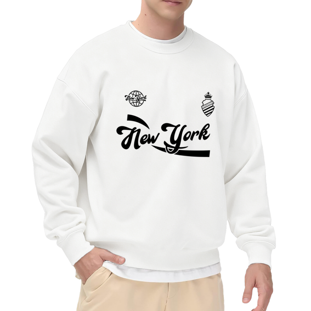 Retro New York Script Badge White Crewneck Sweatshirt