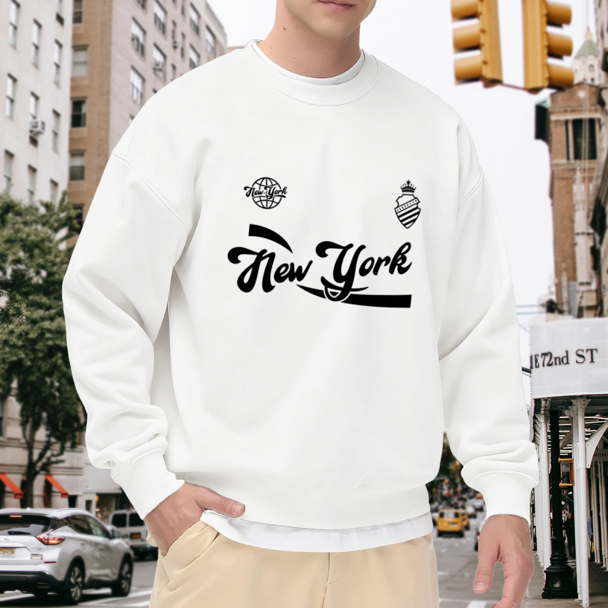 Retro New York Script Badge White Crewneck Sweatshirt