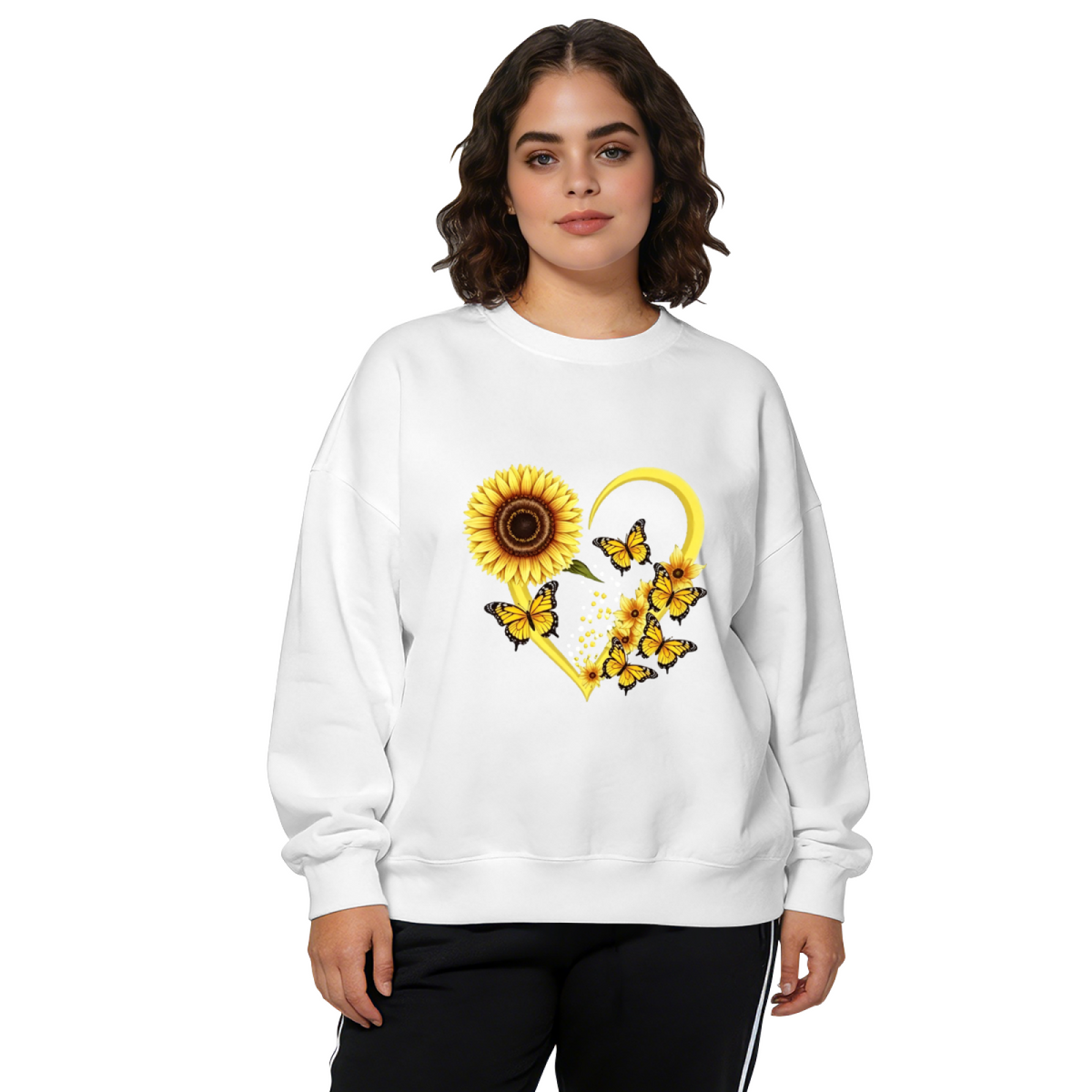 Heart‑Shaped Sunflower & Butterflies Art Crewneck Sweatshirt