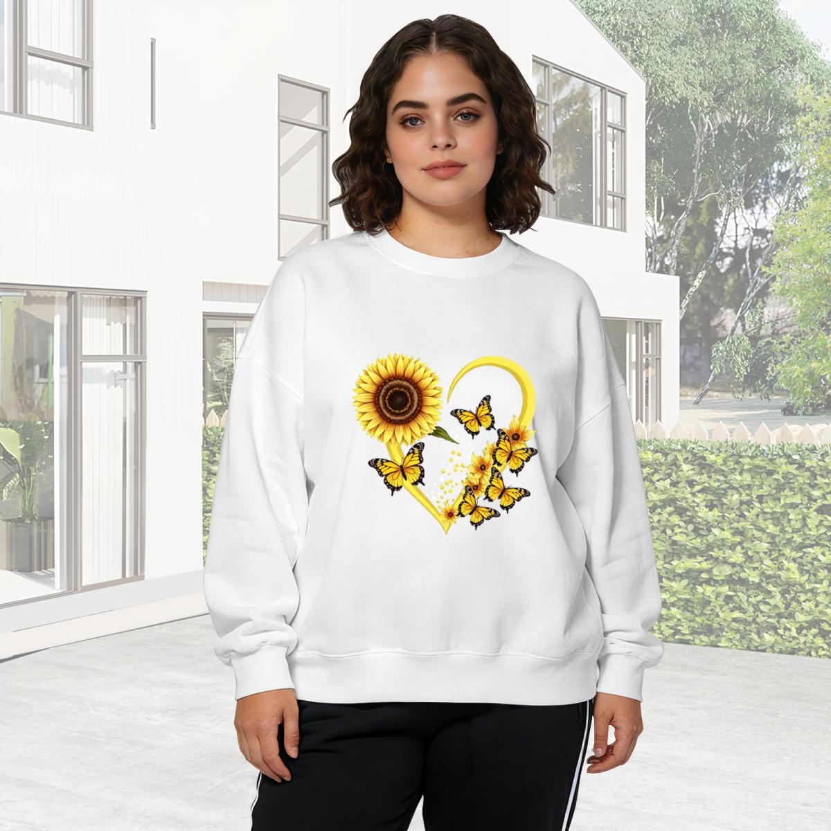 Heart‑Shaped Sunflower & Butterflies Art Crewneck Sweatshirt