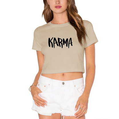 Bold Handwritten KARMA Light Gray Crop Top ¨C Minimal Trendy Daily Streetwear Cropped Tee