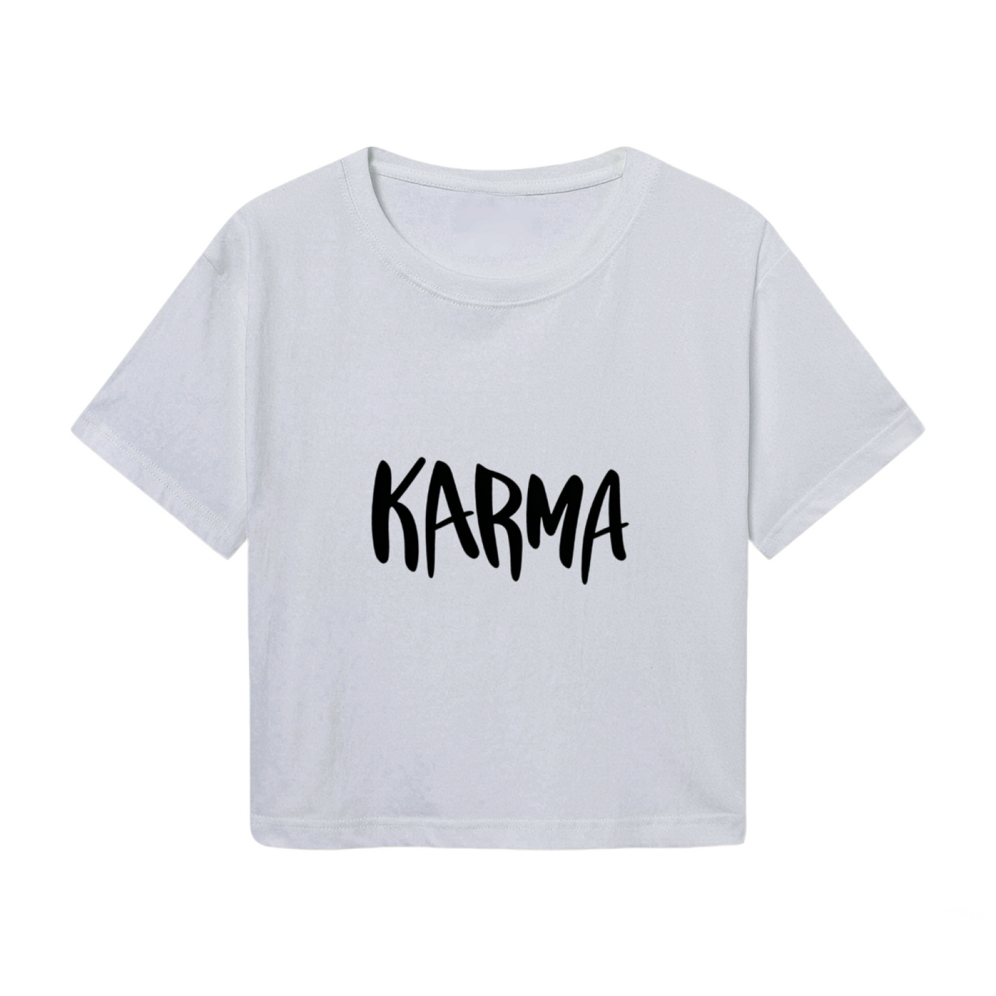 Bold Handwritten KARMA Light Gray Crop Top ¨C Minimal Trendy Daily Streetwear Cropped Tee