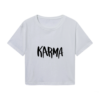 Bold Handwritten KARMA Light Gray Crop Top ¨C Minimal Trendy Daily Streetwear Cropped Tee