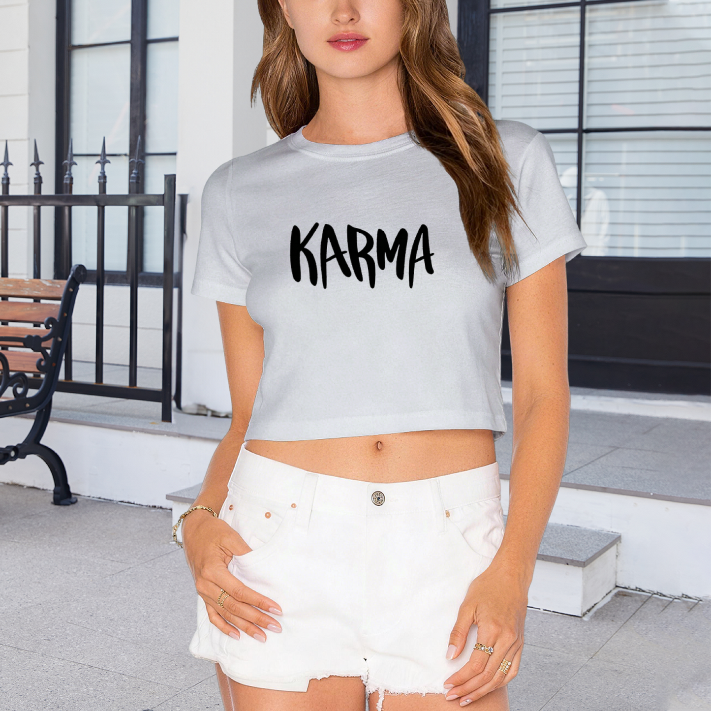 Bold Handwritten KARMA Light Gray Crop Top ¨C Minimal Trendy Daily Streetwear Cropped Tee