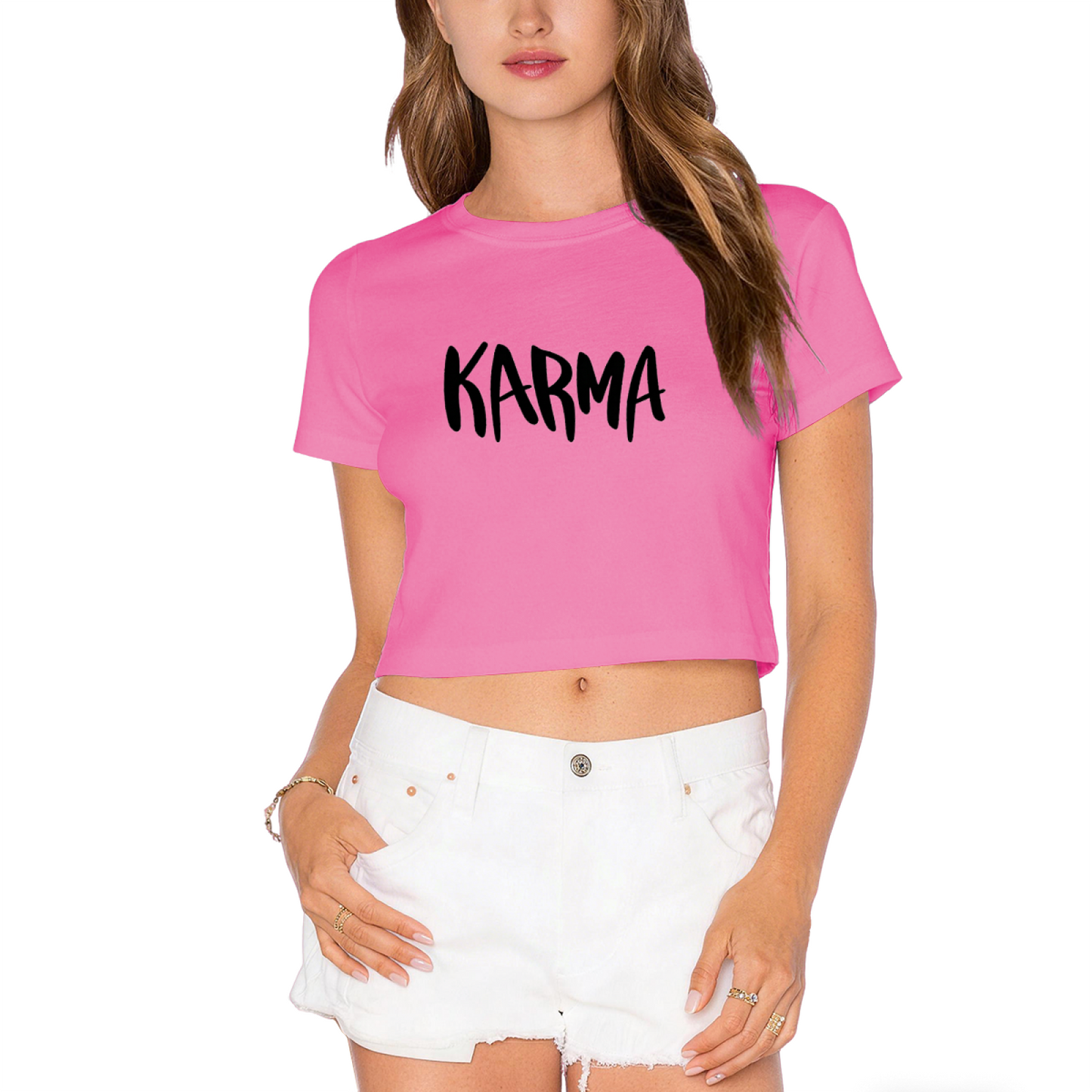 Bold Handwritten KARMA Light Gray Crop Top ¨C Minimal Trendy Daily Streetwear Cropped Tee