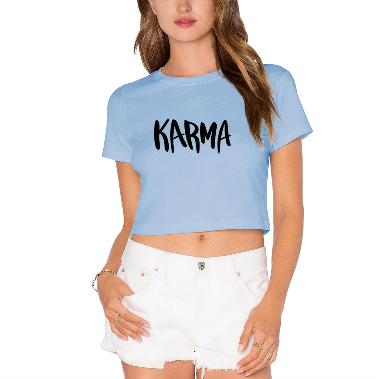 Bold Handwritten KARMA Light Gray Crop Top ¨C Minimal Trendy Daily Streetwear Cropped Tee