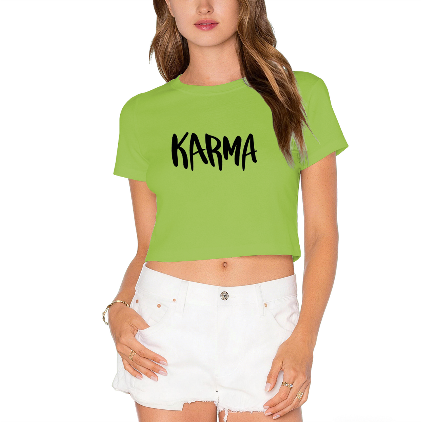 Bold Handwritten KARMA Light Gray Crop Top ¨C Minimal Trendy Daily Streetwear Cropped Tee